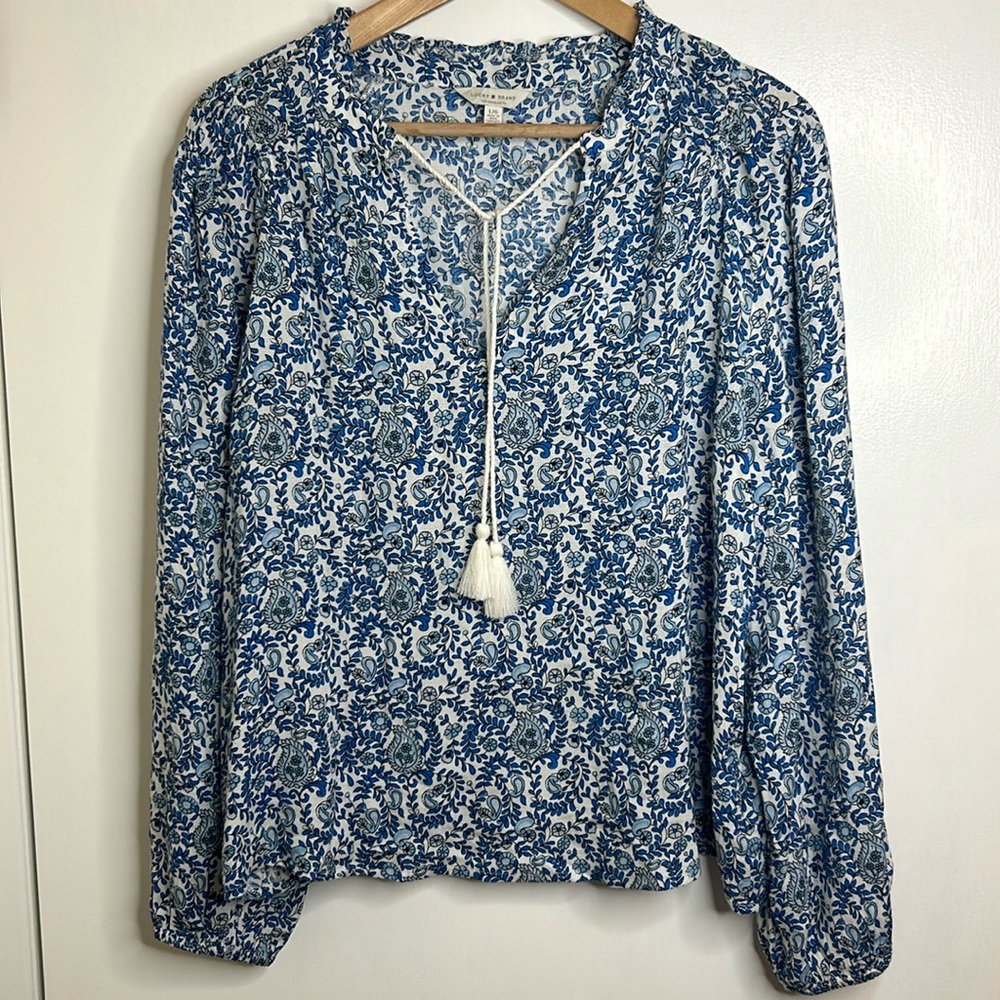 Lucky Brand Blue and White Floral Tassel Peasant Blouse